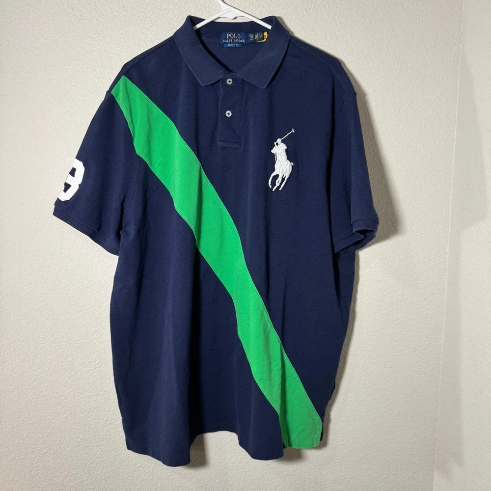 Polo Ralph Lauren Men's Big Pony Polo Shirt Navy Blue Green Stripe‎ Rugby XXL - Picture 2 of 15